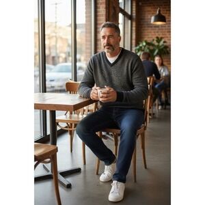 Trader Bay Vtg Men V-Neck Pullover Sweater XL Heather Black Trim Knit wool blend